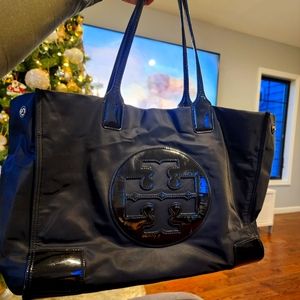 Tory Burch Ella Tote Bag Large Black Nylon Patent Leather